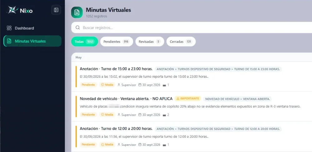 Minuta de un centro comercial en Nixo: cambios de turno y una novedad de vehículo marcada como importante, cada una con su responsable y su fecha
